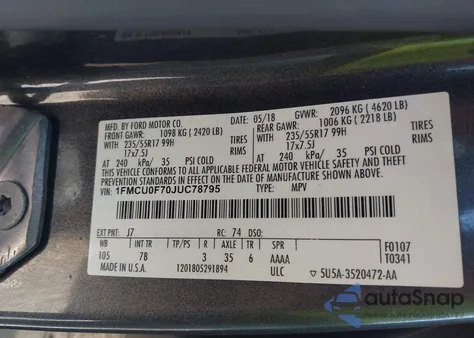 2018 Ford Escape S z USA, uszkodzony, nr VIN 1FMCU0F70JUC78795